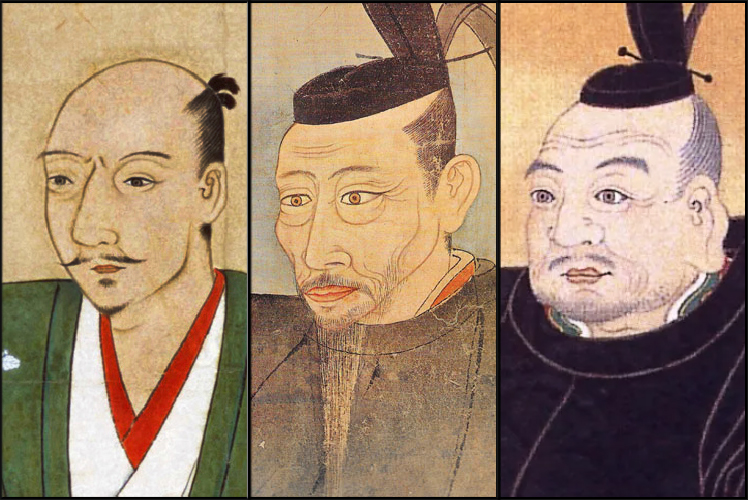 The Three Unifiers of Japan—Oda Nobunaga, Toyotomi Hideyoshi, and Tokugawa Ieyasu—shown together in a composite portrait.